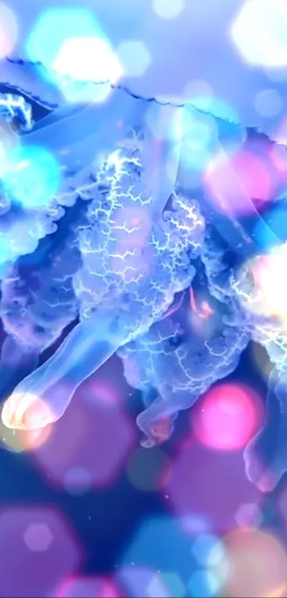 Colorful glowing jellyfish with vibrant blue hues, hexagonal bokeh effect.