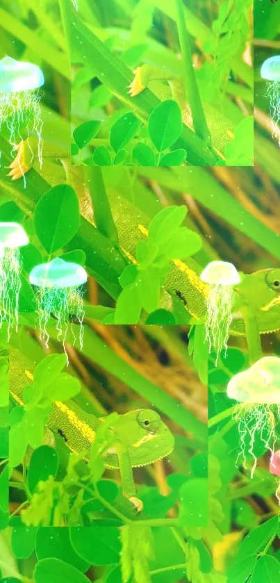 Chameleon and jellyfish mobile wallpaper in vibrant green hues.