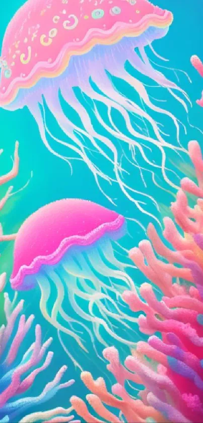 Vibrant wallpaper featuring jellyfish and coral in bright, colorful ocean scene.