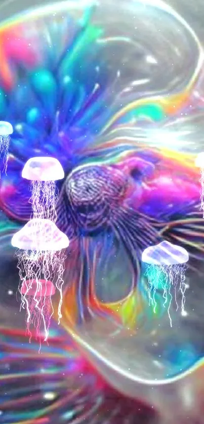 Colorful jellyfish digital art wallpaper featuring vibrant hues and surreal design.