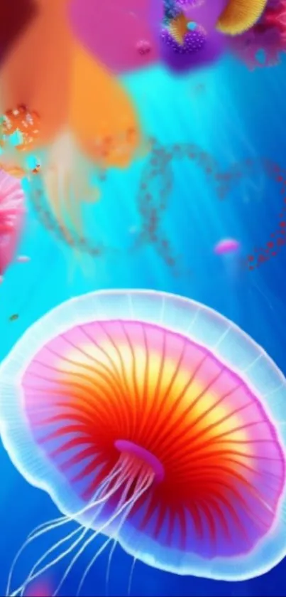 Vibrant digital artwork of jellyfish in a colorful underwater scene.