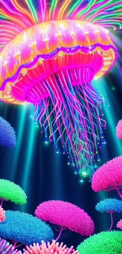 Colorful neon jellyfish in fantasy digital artwork with coral-like scenery.