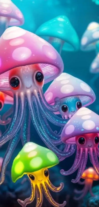 Colorful fantasy jellyfish swimming underwater.