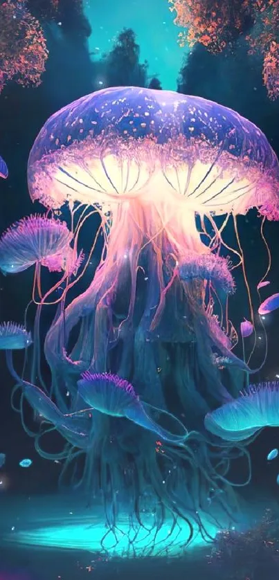 Colorful luminescent jellyfish in fantasy art.