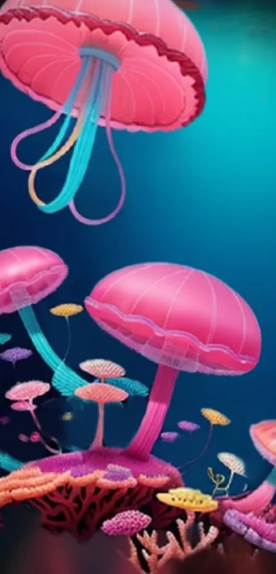 Vibrant pink jellyfish in underwater fantasy art scene.