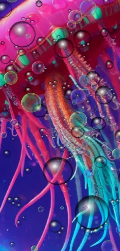 Vibrant jellyfish in fantasy art wallpaper with bubbles.