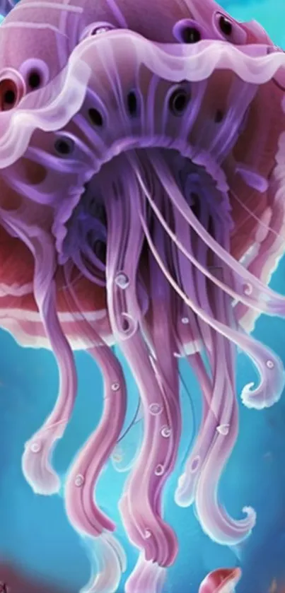 Illustrative fantasy wallpaper with a vibrant violet jellyfish in an aquatic setting.