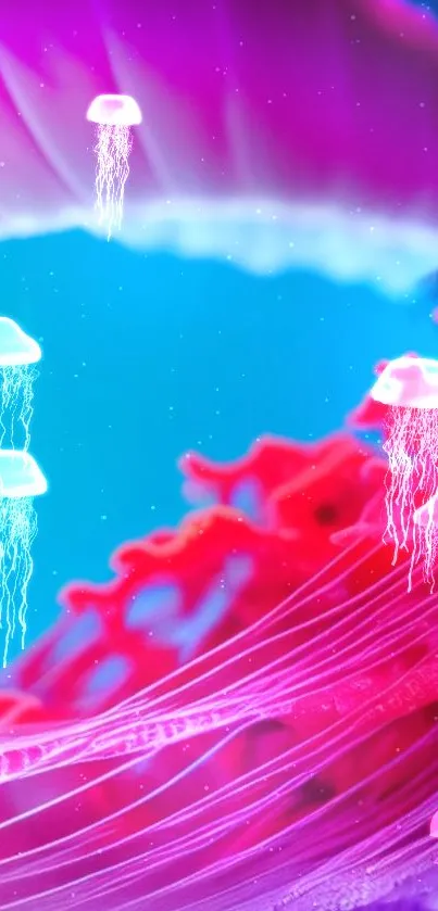 Vibrant pink and blue wallpaper with glowing jellyfish and coral.