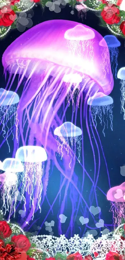 Purple jellyfish with floral border wallpaper design.
