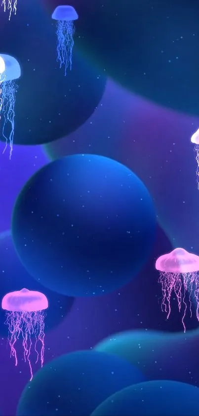 Vibrant deep blue galaxy with jellyfish floating gracefully.