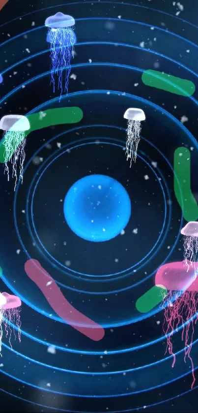 Colorful jellyfish floating in space-like design.