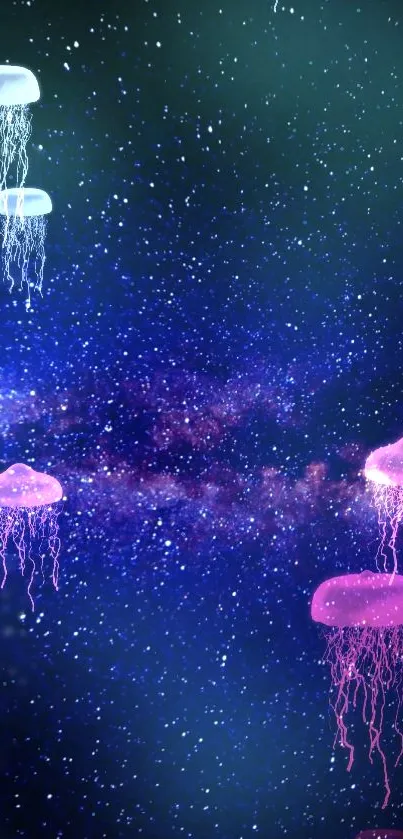 Mobile wallpaper with glowing jellyfish in a cosmic galaxy setting.