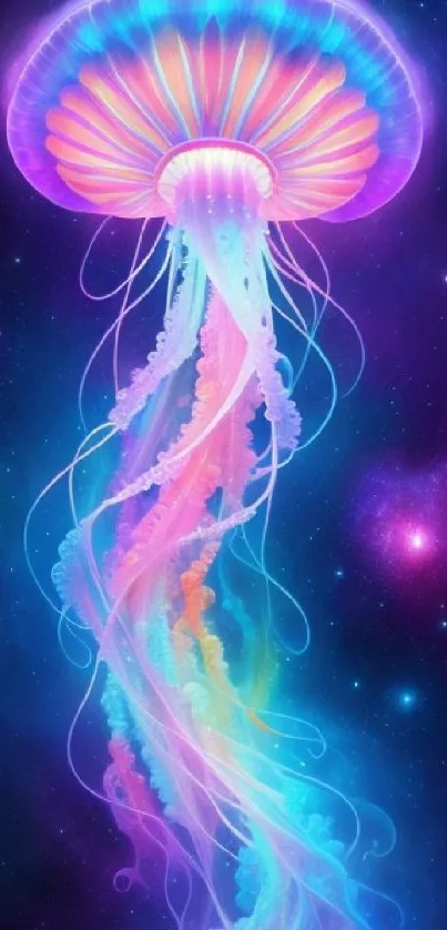 Vibrant neon jellyfish drifting in a cosmic galaxy background.