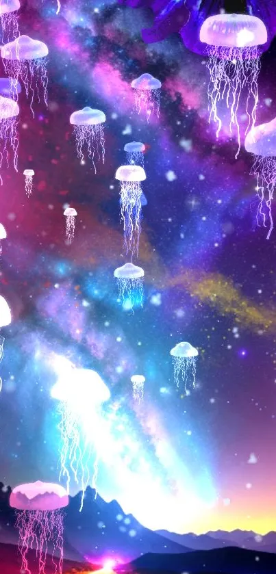 Vibrant jellyfish floating in a colorful galaxy night sky wallpaper.