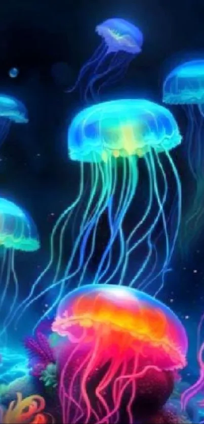 Colorful glowing jellyfish in underwater scene.