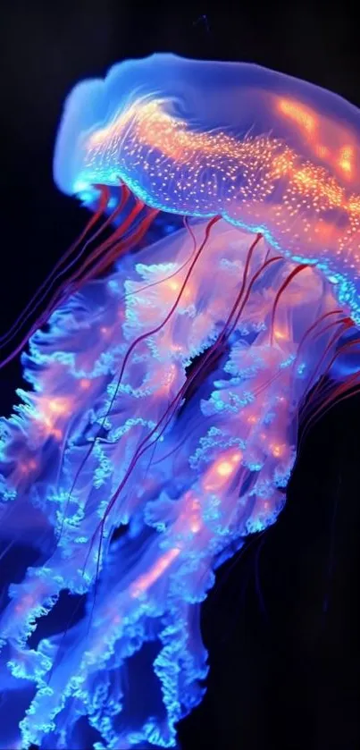 Vibrant glowing jellyfish with blue and orange hues.