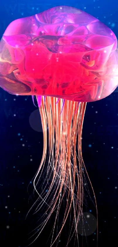 Vibrant neon pink jellyfish glowing vividly underwater.