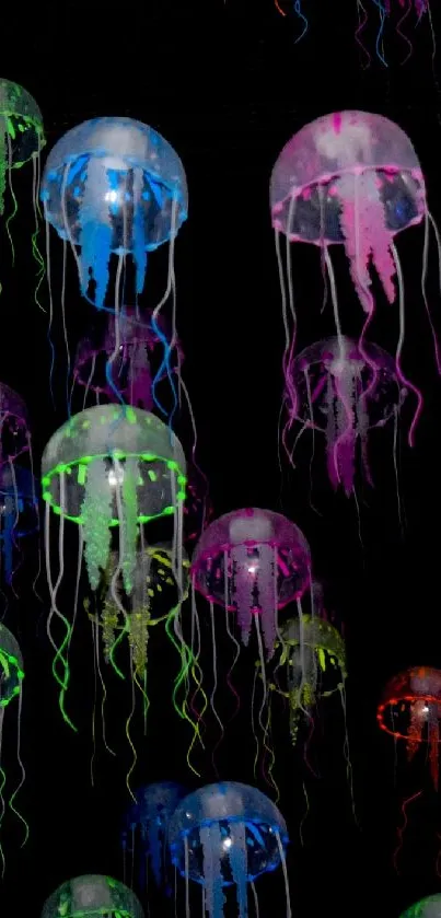 Vibrant glowing jellyfish on a dark background wallpaper.