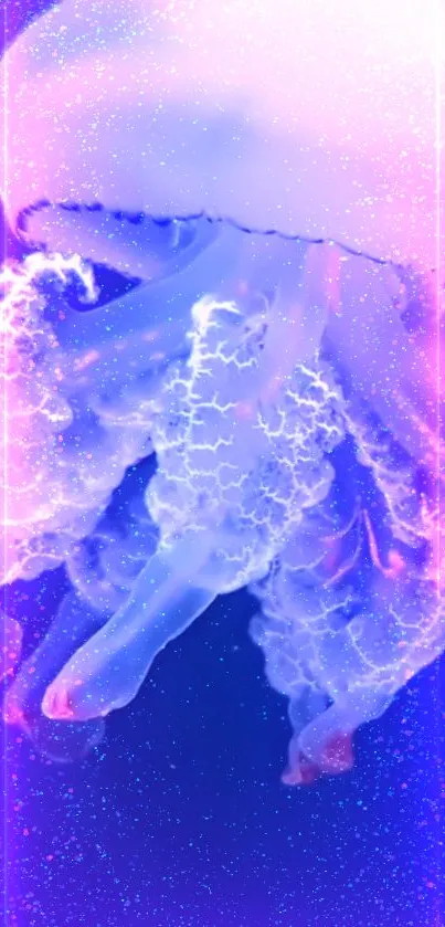 Glowing jellyfish in deep blue and purple hues for mobile wallpaper.