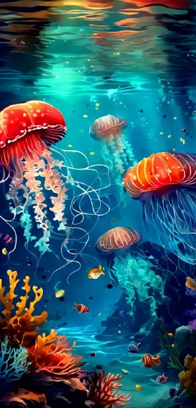 Vibrant underwater scene with jellyfish and coral.