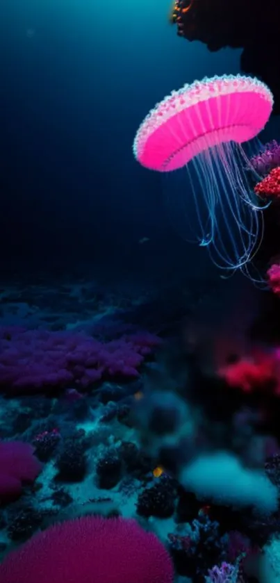 Glowing jellyfish in deep ocean with vibrant corals.