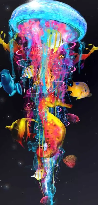 Vibrant jellyfish with tropical fish, colorful underwater scene on a dark background.