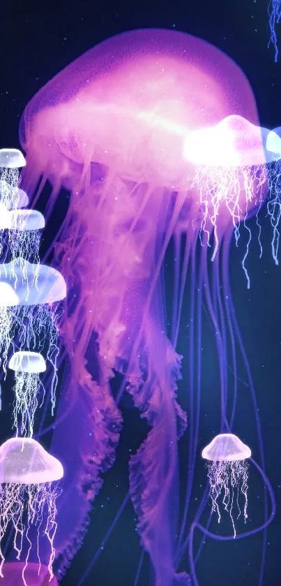 Purple glowing jellyfish in the deep sea.