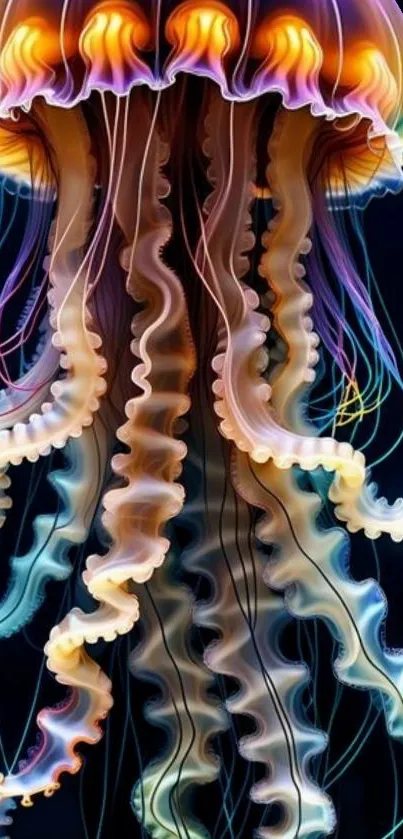 Vibrant jellyfish with glowing tentacles in neon colors on a dark blue background.