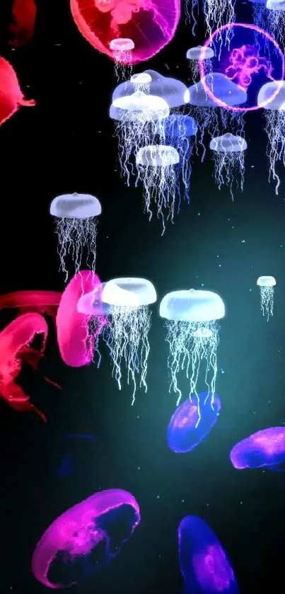 Colorful neon jellyfish floating in a deep black ocean background.