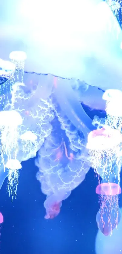 Vibrant jellyfish floating in a serene blue ocean, glowing ethereally.