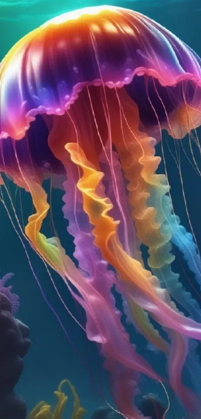 Vibrant jellyfish in colorful deep sea.