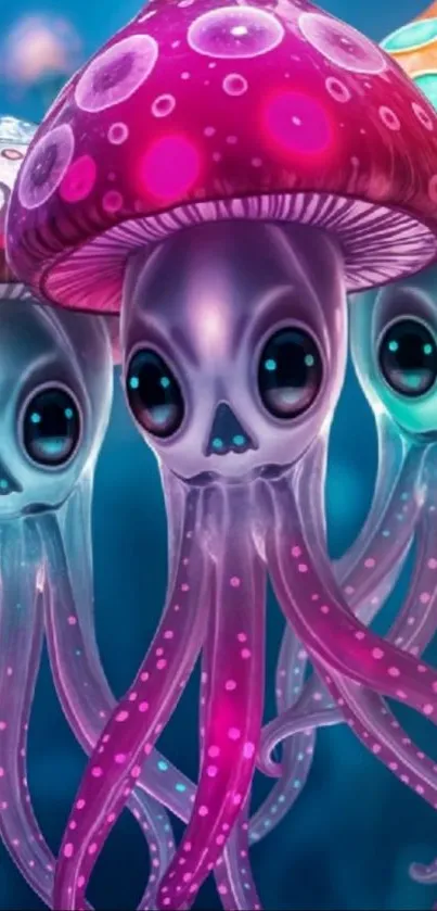 Vibrant digital art of colorful jellyfish.