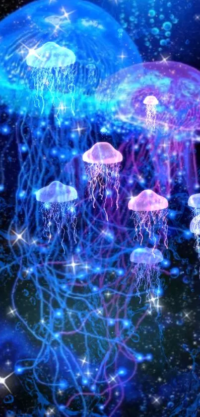 Colorful jellyfish glowing against a dark underwater background.