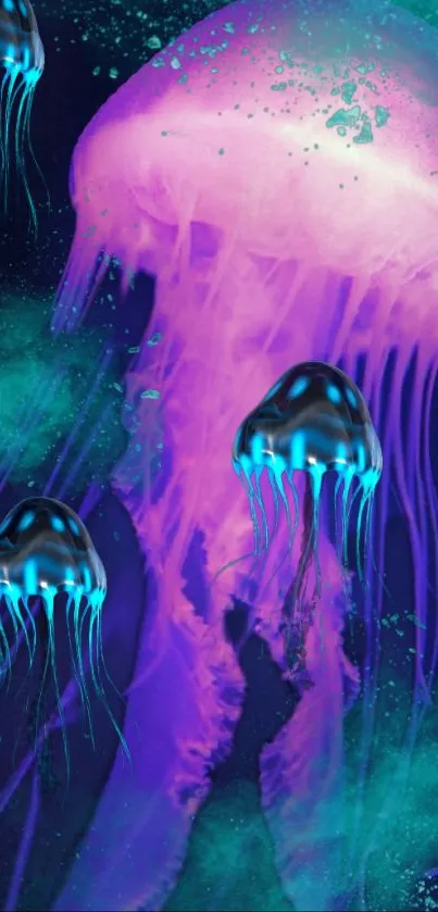 Vibrant jellyfish glowing in an electric blue underwater scene.