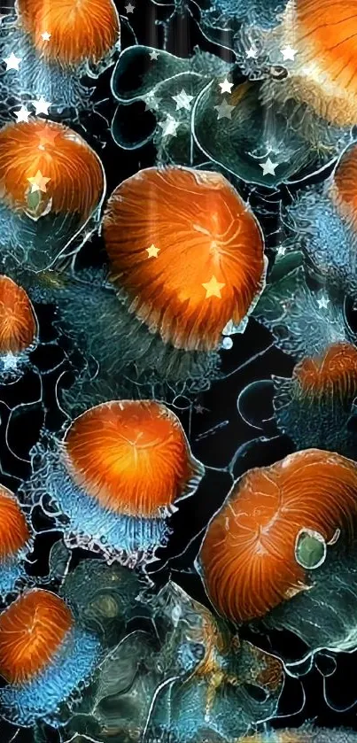 Vibrant orange jellyfish on a dark ocean background mobile wallpaper.