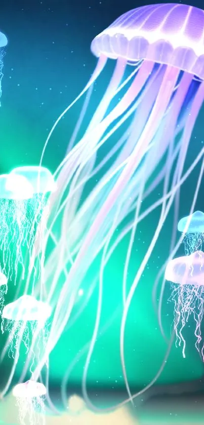 Vibrant jellyfish glowing on a teal background.
