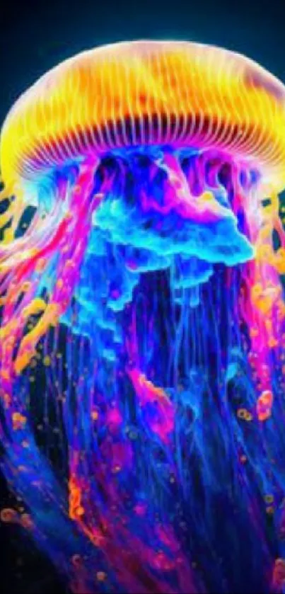 Colorful jellyfish mobile wallpaper with vibrant blues and purples.