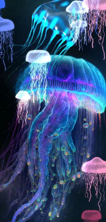 Neon jellyfish on a dark background mobile wallpaper.