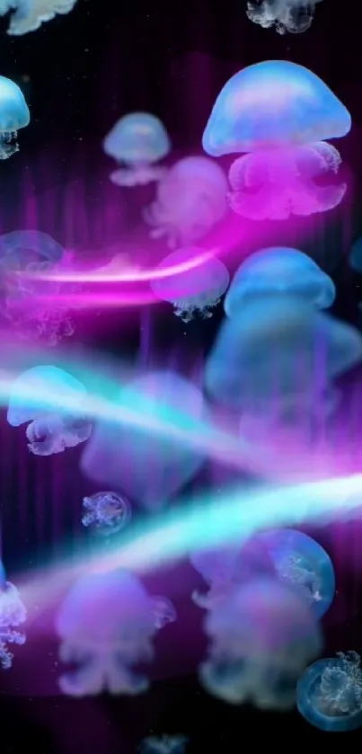 Vibrant neon jellyfish swim in a colorful, glowing underwater scene.