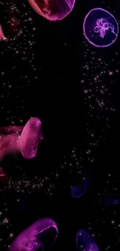 Colorful jellyfish float against a black, starry background in mobile wallpaper.