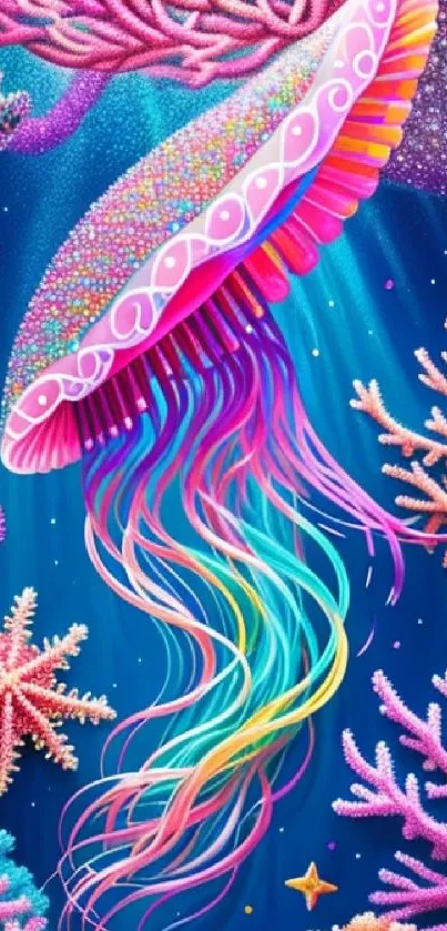 Colorful jellyfish with corals in vibrant ocean artwork.