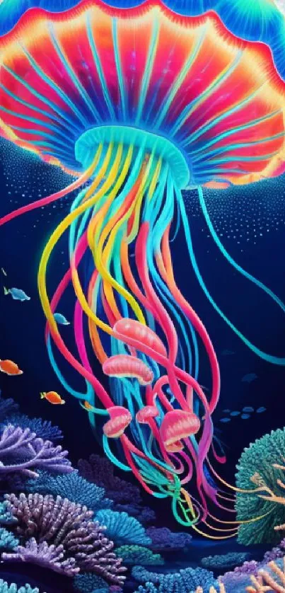 Vibrant jellyfish swimming over colorful coral in oceanic art wallpaper.