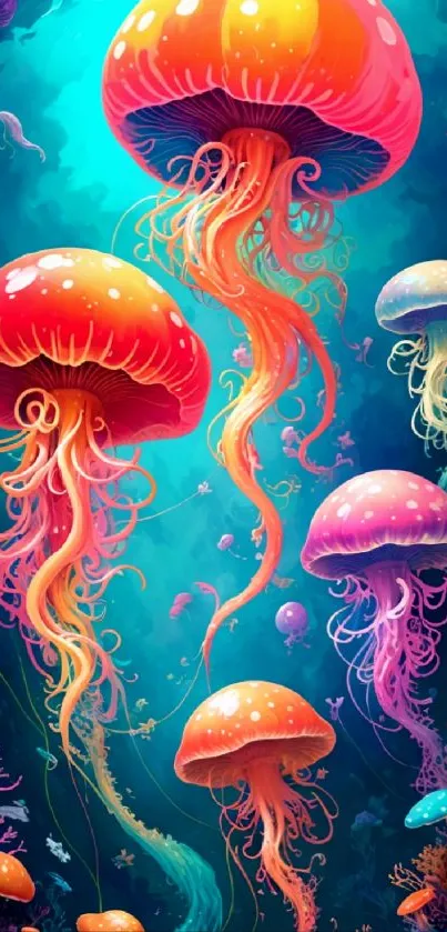 Colorful jellyfish dancing in the ocean depths, vibrant and mesmerizing mobile wallpaper.