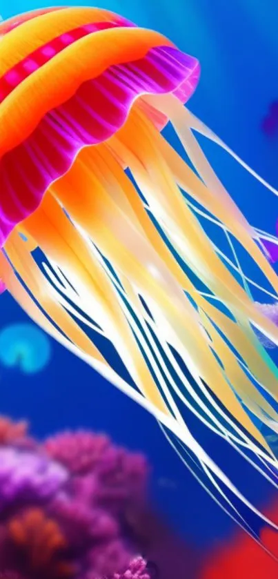 Colorful jellyfish with vibrant tentacles in a blue ocean scene wallpaper.