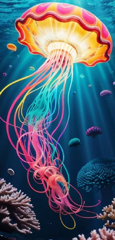 Colorful jellyfish glows underwater in vibrant ocean scene wallpaper.