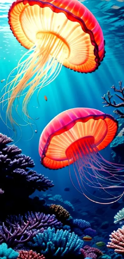 Colorful jellyfish swimming above vibrant coral reefs.