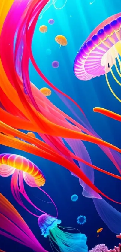 Vibrant jellyfish swim in a colorful ocean scene.