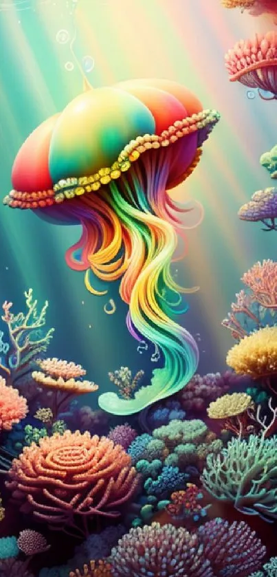 Vibrant rainbow jellyfish floats above colorful coral in ocean wallpaper.