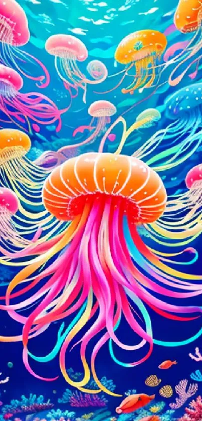 Vibrant, colorful jellyfish swimming in deep blue ocean wallpaper.