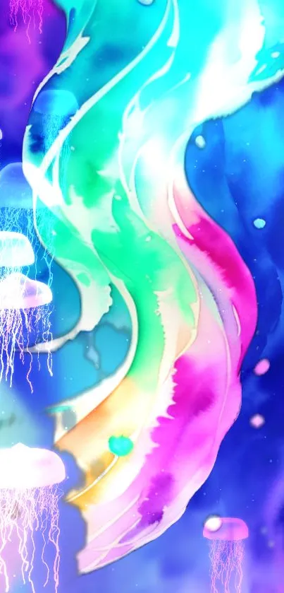 Vibrant ocean blue jellyfish wallpaper with colorful watercolor effect and glow.